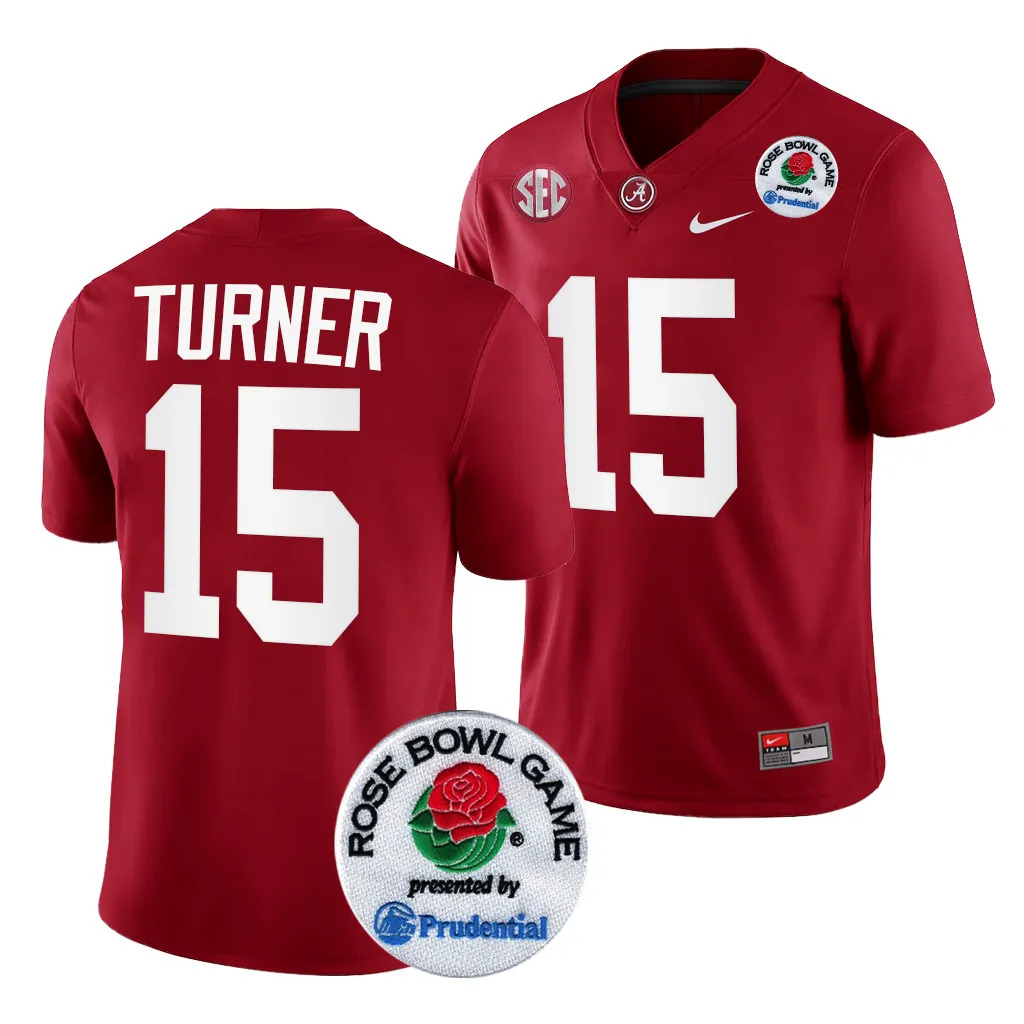Men's Alabama Crimson Tide Dallas Turner #15 Crimson 2024 Rose Bowl Playoff NCAA College Football Jersey